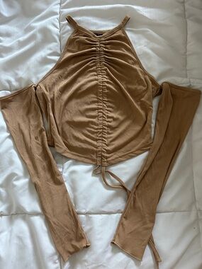Ruched Halter Cold-Shoulder Top - Caramel Brown